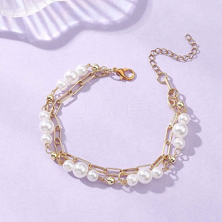 ABS Plastic Imitation Pearl & Brass Paperclip Chain Multi-strand Bracelets for Women BJEW-JB12889-1