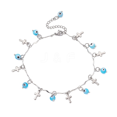 Handmade Evil Eye Lampwork & 304 Stainless Steel Cross Tassel Bar Link Chain Anklets for Women AJEW-AN00741-03-1