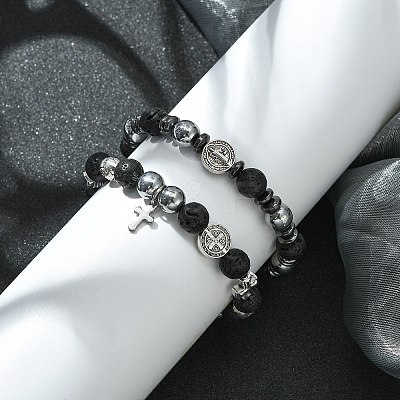 2Pcs 2 Style Natural Lava Rock & Alloy Saint Benedict Medal Beaded Stretch Bracelets Set BJEW-JB09635-1
