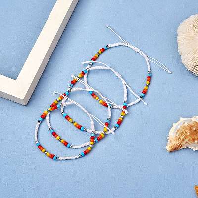 4Pcs 4 Style Glass Seed & 303 Stainless Steel Braided Bead Bracelets and Anklets Set SJEW-SW00003-06-1