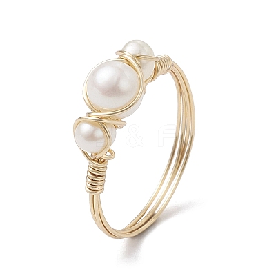 Copper Wire Wrapped Natural Cultured Freshwater Pearl Open Ring RJEW-JR00631-01-1