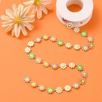 304 Stainless Steel Daisy Flower Link Chains with Enamel AJEW-CJ0001-22C-1