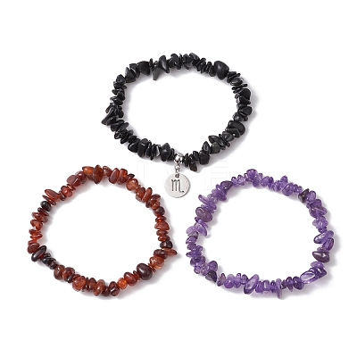 3Pcs 3 Styles Natural Amethyst & Garnet & Obsidian Chips Stretch Bracelets Sets BJEW-JB11076-10-1
