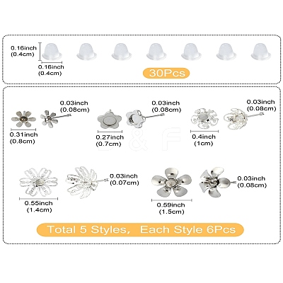 30Pcs 5 Styles 304 Stainless Steel Stud Earring Findings STAS-YW0001-87-1