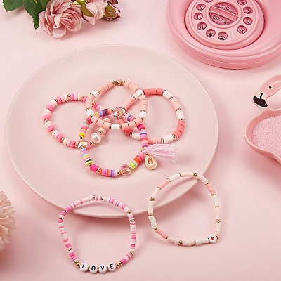 8Pcs 8 Style Love Word Polymer Clay Heishi Beaded Stretch Bracelets Set for Teen Girl Women BJEW-SZ0001-79-1