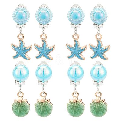 4 Pair 2 Style Imitation Shell Enamel Dangle Clip-on Earrings EJEW-AR0001-09B-1