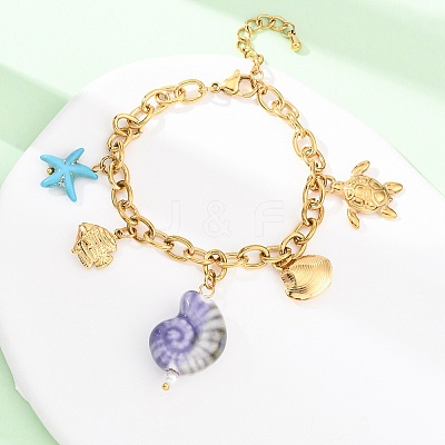 Turtle & Fish 304 Stainless Steel Charm Bracelets for Women BJEW-F516-02G-1