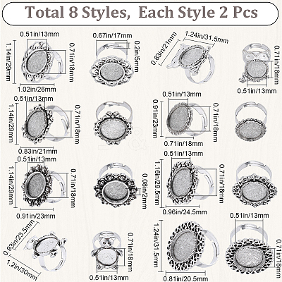 16Pcs 8 Style Adjustable Alloy Finger Rings Components FIND-SC0008-65-1
