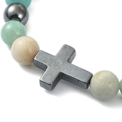 Natural Flower Amazonite & Synthetic Hematite Corss Beaded Stretch Bracelets BJEW-JB09845-02-1