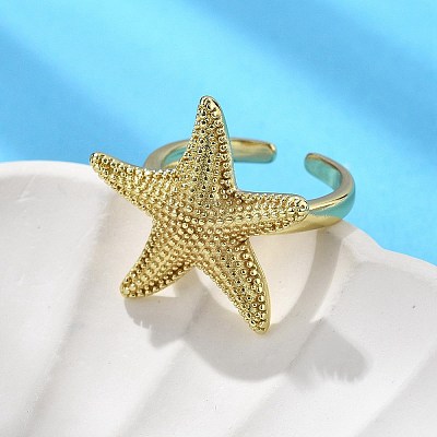 Starfish Brass Cuff Rings for Women RJEW-C123-02G-1