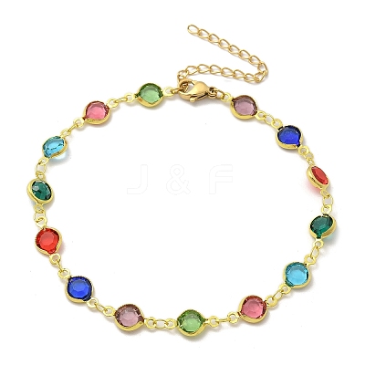 304 Stainless Steel Flat Round Acrylic Rhinestone Cup Chain Anklets for Women AJEW-B031-02G-02-1