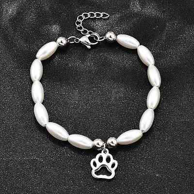 304 Stainless Steel Paw Print Charm Bracelets for Women BJEW-C098-12P-1