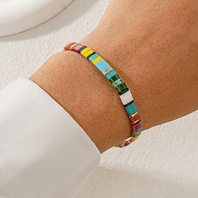 Boho Rainbow Glass Tile Tube Beaded Stretch Bracelets for Women MR7920-1