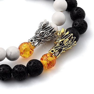 Men's Natural Howlite & Lava Rock Stretch Beaded Bracelets Sets BJEW-JB05429-1