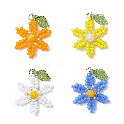 4Pcs 4 Colors Glass Seed Beaded Flower Pendants PALLOY-TA00345-1
