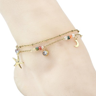 Ocean Faceted Rondelle Electroplate Glass 2-Strand 304 Stainless Steel Sea Animals Charm Anklets for Women AJEW-AN00793-1