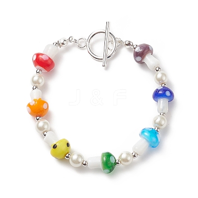 Lampwork Mushroom & Glass Pearl Beaded Bracelet with 304 Stainless Steel Toggle Clasps for Women BJEW-TA00205-1