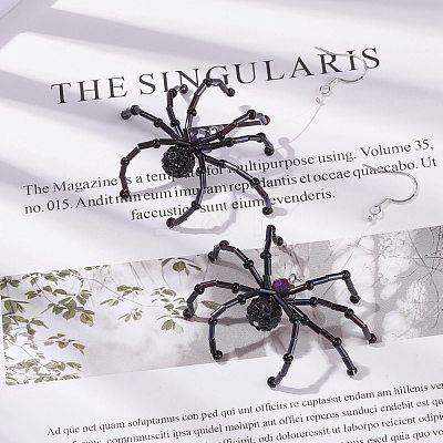 Glass Seed Braided Spider Long Dangle Earrings EJEW-TA00085-1