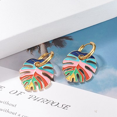 Monstera Leaf Enamel Charm Dangle Hoop Earrings EJEW-JE04853-1