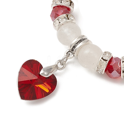 Natural Quartz Crystal & Glass Beaded Stretch Bracelet with Heart Charms for Valentine's Day BJEW-TA00284-1