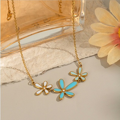 304 Stainless Steel Sky Blue Enamel with Crystal Rhinestone Triple Flower Pendant Necklaces for Women NJEW-G181-01G-1