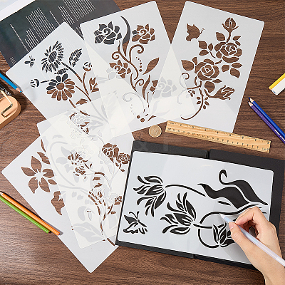 6Pcs 6 Styles Flower Theme PET Plastic Hollow Out Drawing Painting Stencils Templates DIY-WH20009-46-1