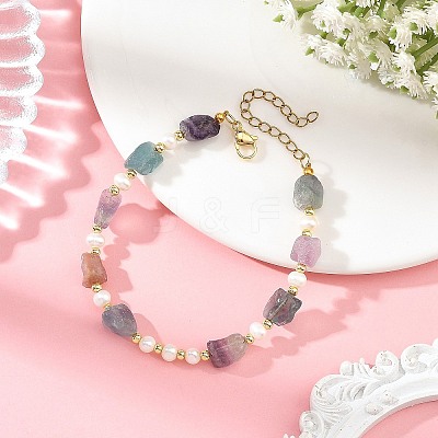 Raw Rough Natural Fluorite and Pearl Beaded Bracelets BJEW-JB14441-1