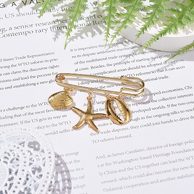 304 Stainless Steel Shell & Starfish Charms Safety Pin Brooch JEWB-BR00083-1