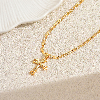 Elegant Brass Micro Pave Clear Cubic Zirconia Cross Pendant Necklaces for Daily Casual and Streetwear Wear CD4943-1