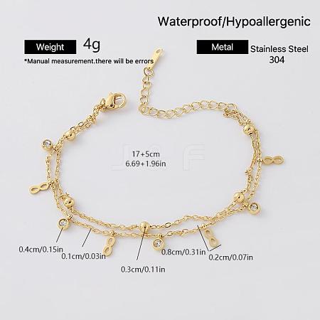 304 Stainless Steel Pave Clear Cubic Zirconia Charm 2-Strand Bracelets for Women QD8727-6-1