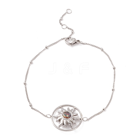 Colorful Cubic Zirconia Ring with Sun Link Bracelet with 304 Stainless Steel Satellite Chain for Women BJEW-F428-02P-1