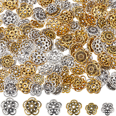 SUNNYCLUE 180Pcs 6 Style Tibetan Style Alloy Flower Bead Caps FIND-SC0008-77-1