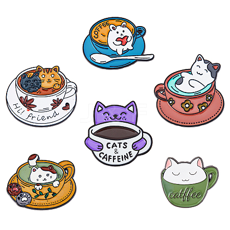 HOBBIESAY 6Pcs 6 Style Cat with Cup Enamel Pin JEWB-HY0001-25-1