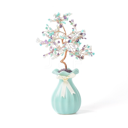 Natural & Synthetic Gemstone Chips with Brass Wrapped Wire Money Tree on Ceramic Vase Display Decorations DJEW-B007-01C-1