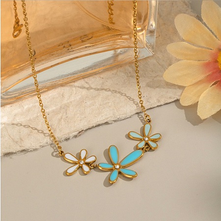 304 Stainless Steel Sky Blue Enamel with Crystal Rhinestone Triple Flower Pendant Necklaces for Women NJEW-G181-01G-1