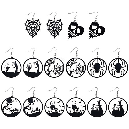 SUNNYCLUE 8 Pairs 8 Styles Halloween Spider Web & Witch & Cat & Skull Acrylic Dangle Earrings for Women EJEW-SC0001-36-1