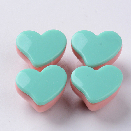  Jewelry Beads Findings Opaque Acrylic Beads, Two Tone, with Flat Plate, Half Drilled, Heart, MediumTurquoise, 15x18x13.5mm, Half Hole: 2.5mm