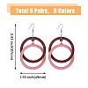 FIBLOOM 6 Pairs 6 Colors Wood Double Ring Dangle Earrings with Iron Pins for Women EJEW-FI0002-38-2