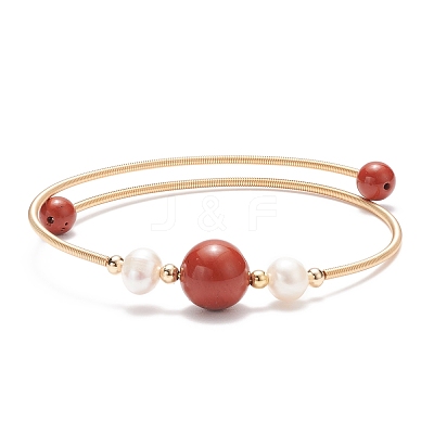 Natural Red Jasper & Pearl Round Beaded Bangle BJEW-JB08464-05-1