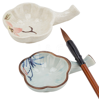 2Pcs 2 Styles Flower Shape Ceramics Ink Plate with Handle AJEW-PH0011-62-1