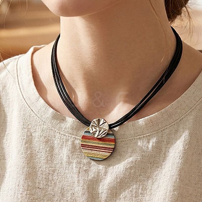Bohemian Style Rainbow Wooden Oval Pendant Imitation Leather Cord Multi-Strand Necklaces for Women WG7D3BC-01-1