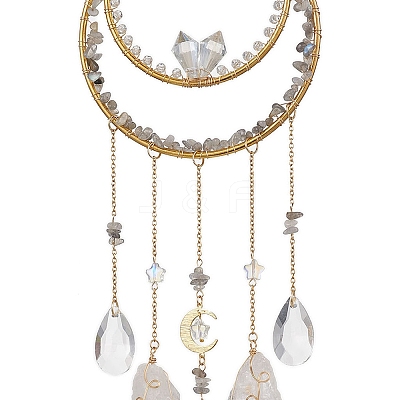 Nuggets Natural Quartz Crystal & Labradorite Chip & Brass Moon Hanging Ornaments HJEW-JM02566-1