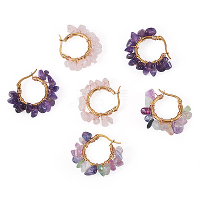 3 Pairs 3 Styles Natural Gemstone Chips Braided Hoop Earrings EJEW-TADJ00003-1