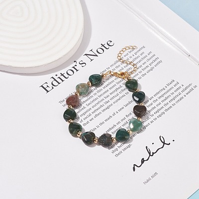 Natural Indian Agate Heart Beaded Bracelet BJEW-JB08697-02-1