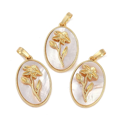 Rack Plating Brass Pave Shell Oval Pendants KK-U032-92G-10-1