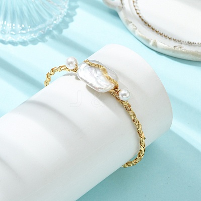 Twisted Wire Wrapped Natural Baroque Keshi Pearl Cuff Bangles for Women BJEW-JB13961-1