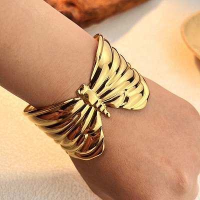 304 Stainless Steel Cuff Bangles for Women BJEW-D363-05B-G-1