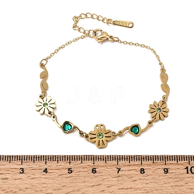 304 Stainless Steel Rhinestone Flower with Heart Link Chain Bracelets SA-CBAF6AD-16G-1