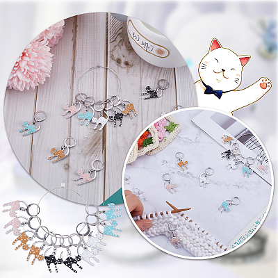 20Pcs 5 Colors Cat Shape Alloy Enamel Pendant Locking Stitch Markers HJEW-SC00032-1