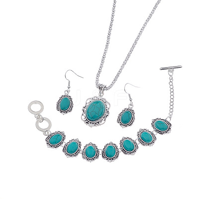 Bohemian Style Oval Synthetic Turquoise Pendant Necklace & Dangle Earrings & Link Bracelets FS-WGA6DB3-01-1